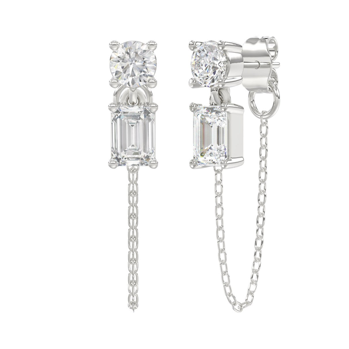 10K White Gold 3/4CT Emerald/Round cut Diamond Elegant Ladies Earring (Color F-G -Clarity VS1/VS2)