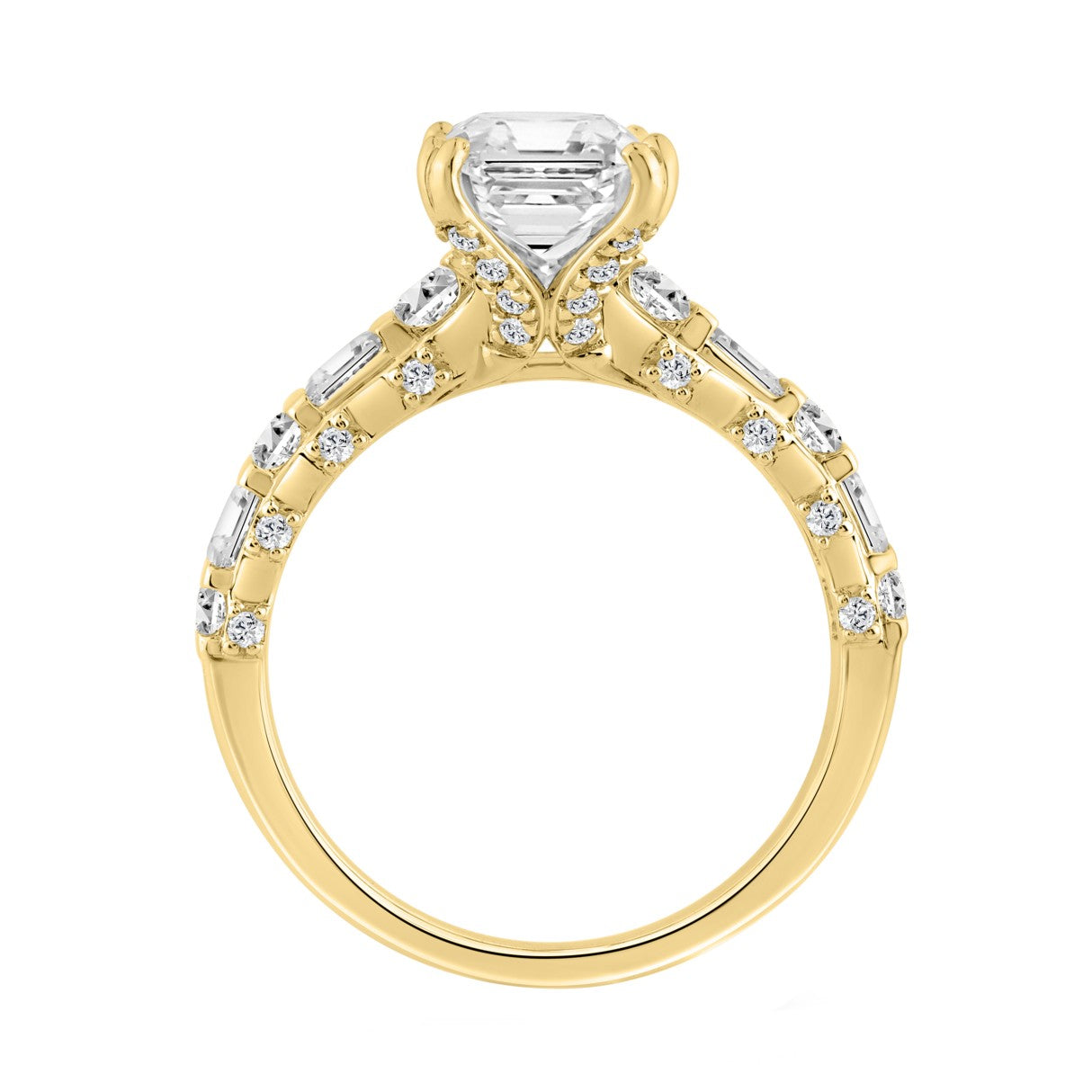 14K Yellow Gold Cushion Lab Grown Diamond Engagement Ring 5.00Ct With 4.00Ct Cushion Center Stone & Round/Baguette Side Stones (Color F-G Clarity Vs1/