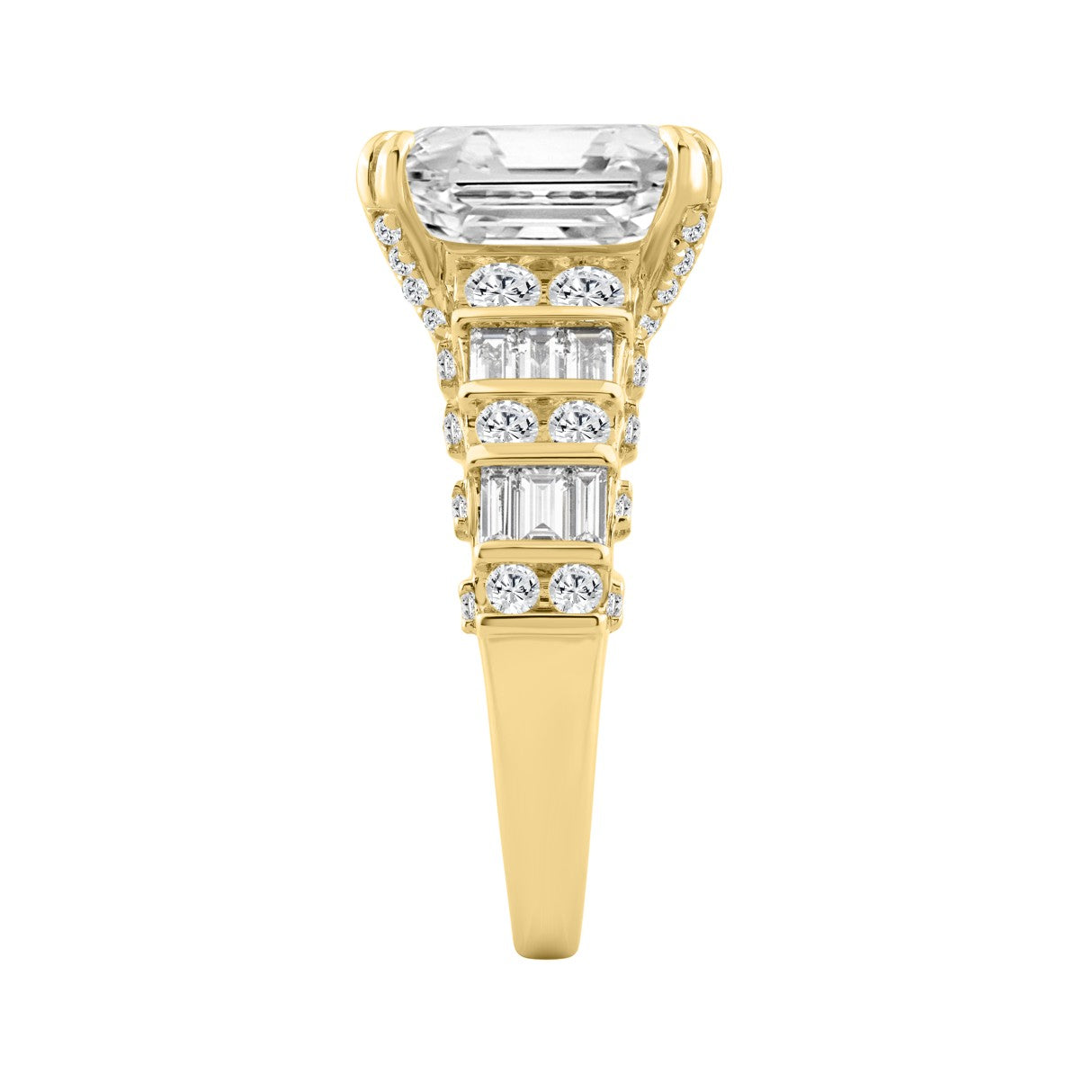 14K Yellow Gold Cushion Lab Grown Diamond Engagement Ring 5.00Ct With 4.00Ct Cushion Center Stone & Round/Baguette Side Stones (Color F-G Clarity Vs1/Vs2)