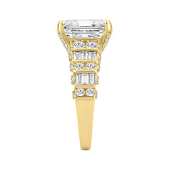 14K Yellow Gold Cushion Lab Grown Diamond Engagement Ring 5.00Ct With 4.00Ct Cushion Center Stone & Round/Baguette Side Stones (Color F-G Clarity Vs1/Vs2)