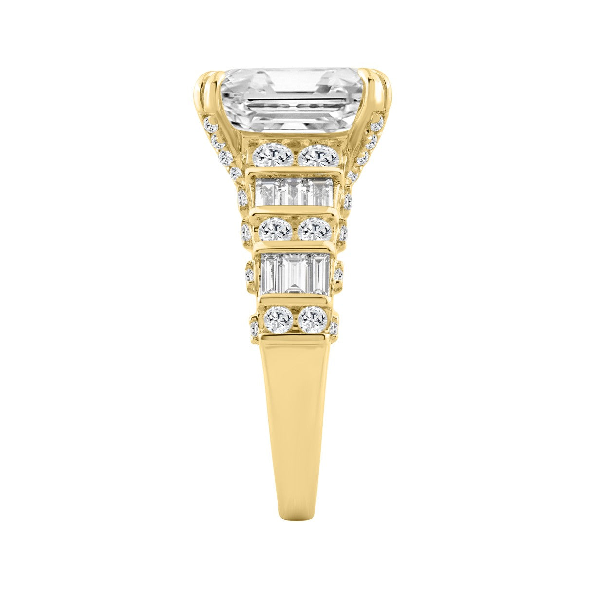 14K Yellow Gold Cushion Lab Grown Diamond Engagement Ring 5.00Ct With 4.00Ct Cushion Center Stone & Round/Baguette Side Stones (Color F-G Clarity Vs1/Vs2)