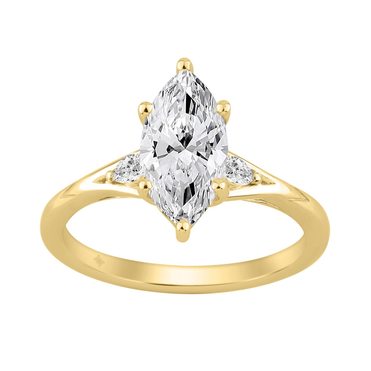 14K Yellow Gold 2 1/6Ct Marquise And Round Three Stone Ladies Engagement Ring With Marquise 2Ct Center Stone (Color F-G Clarity Vs1/Vs2)