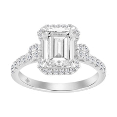 Elegance Ladies 14K White Gold 3 1/2CT Round Lab Grown Diamond Bridal Ring & Emerald Cut Halo Engagement Ring for Women (3.00CT Emerald Center stone (