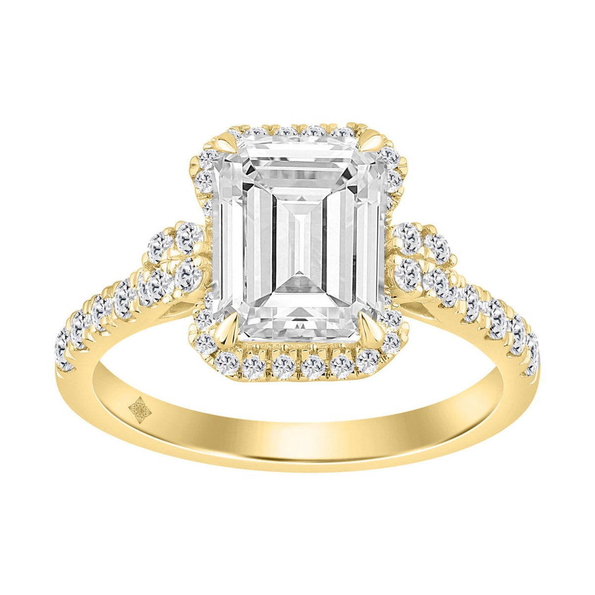 14K Yellow Gold 3 1/2Ct Emerald & Round Lab-Grown Diamond Halo Bridal Ring For Women Luxury Engagement Ring 3Ct Emerald Center Stone (Color F-G -Clarity Vs1/Vs2)