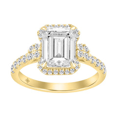 14K Yellow Gold 3 1/2Ct Emerald & Round Lab-Grown Diamond Halo Bridal Ring For Women Luxury Engagement Ring 3Ct Emerald Center Stone (Color F-G -Clarity Vs1/Vs2)