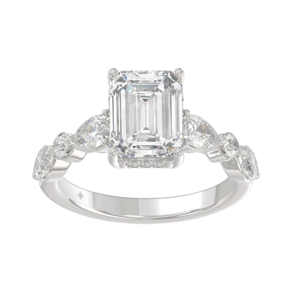 14K White Gold Emerald Cut Diamond Classic Bridal Ring for Ladies 4.00CT with Pear Round &amp; Marquise Diamond 3.00CT Emerald Center stone (Color F-G