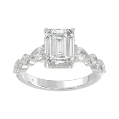 14K White Gold Emerald Cut Diamond Classic Bridal Ring for Ladies 4.00CT with Pear Round &amp; Marquise Diamond 3.00CT Emerald Center stone (Color F-G
