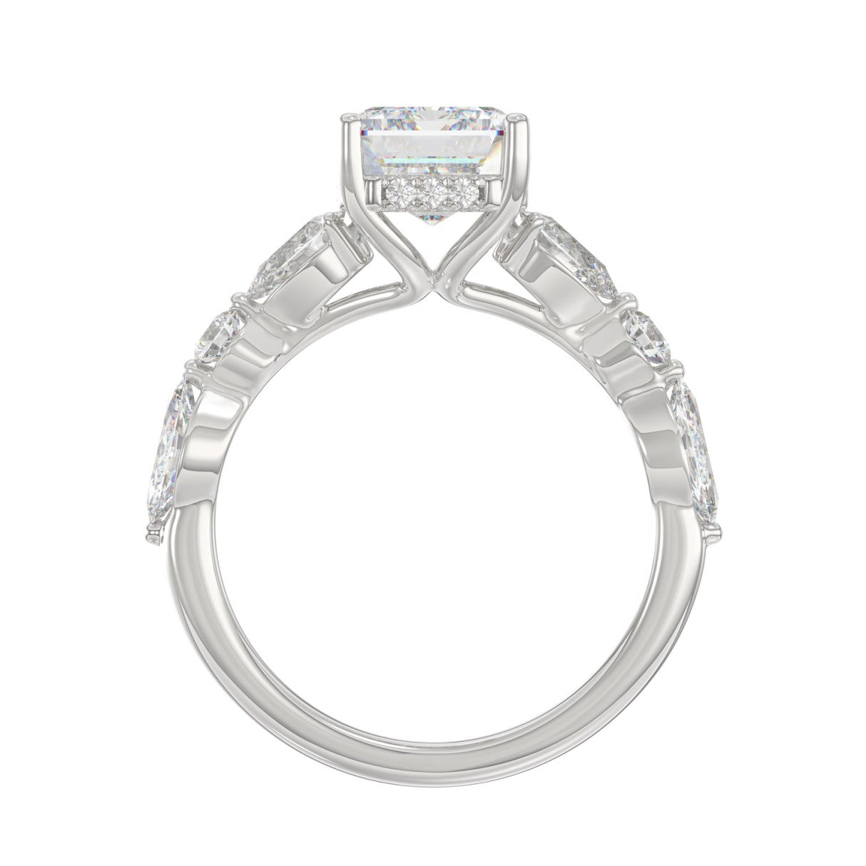 14K White Gold Emerald Cut Diamond Classic Bridal Ring for Ladies 4.00CT with Pear Round &amp; Marquise Diamond 3.00CT Emerald Center stone (Color F-G