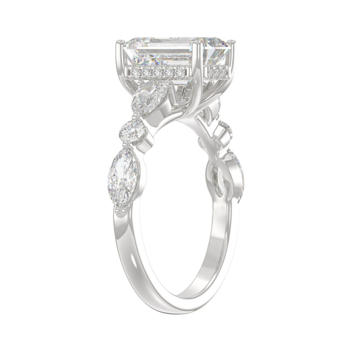 14K White Gold Emerald Cut Diamond Classic Bridal Ring for Ladies 4.00CT with Pear Round &amp; Marquise Diamond 3.00CT Emerald Center stone (Color F-G