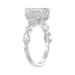 14K White Gold Emerald Cut Diamond Classic Bridal Ring for Ladies 4.00CT with Pear Round &amp; Marquise Diamond 3.00CT Emerald Center stone (Color F-G