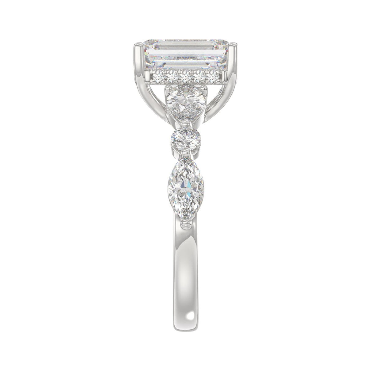 14K White Gold Emerald Cut Diamond Classic Bridal Ring for Ladies 4.00CT with Pear Round &amp; Marquise Diamond 3.00CT Emerald Center stone (Color F-G