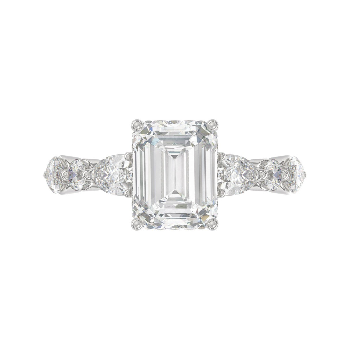 14K White Gold Emerald Cut Diamond Classic Bridal Ring for Ladies 4.00CT with Pear Round &amp; Marquise Diamond 3.00CT Emerald Center stone (Color F-G