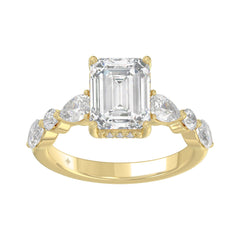 14K Yellow Gold Emerald Cut Diamond Classic Bridal Ring for Ladies 4.00CT with Pear Round &amp; Marquise Diamond 3.00CT Emerald Center stone (Color F-