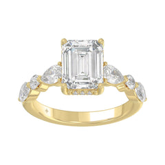 14K Yellow Gold Emerald Cut Diamond Classic Bridal Ring for Ladies 4.00CT with Pear Round &amp; Marquise Diamond 3.00CT Emerald Center stone (Color F-G -Clarity VS1/VS2)