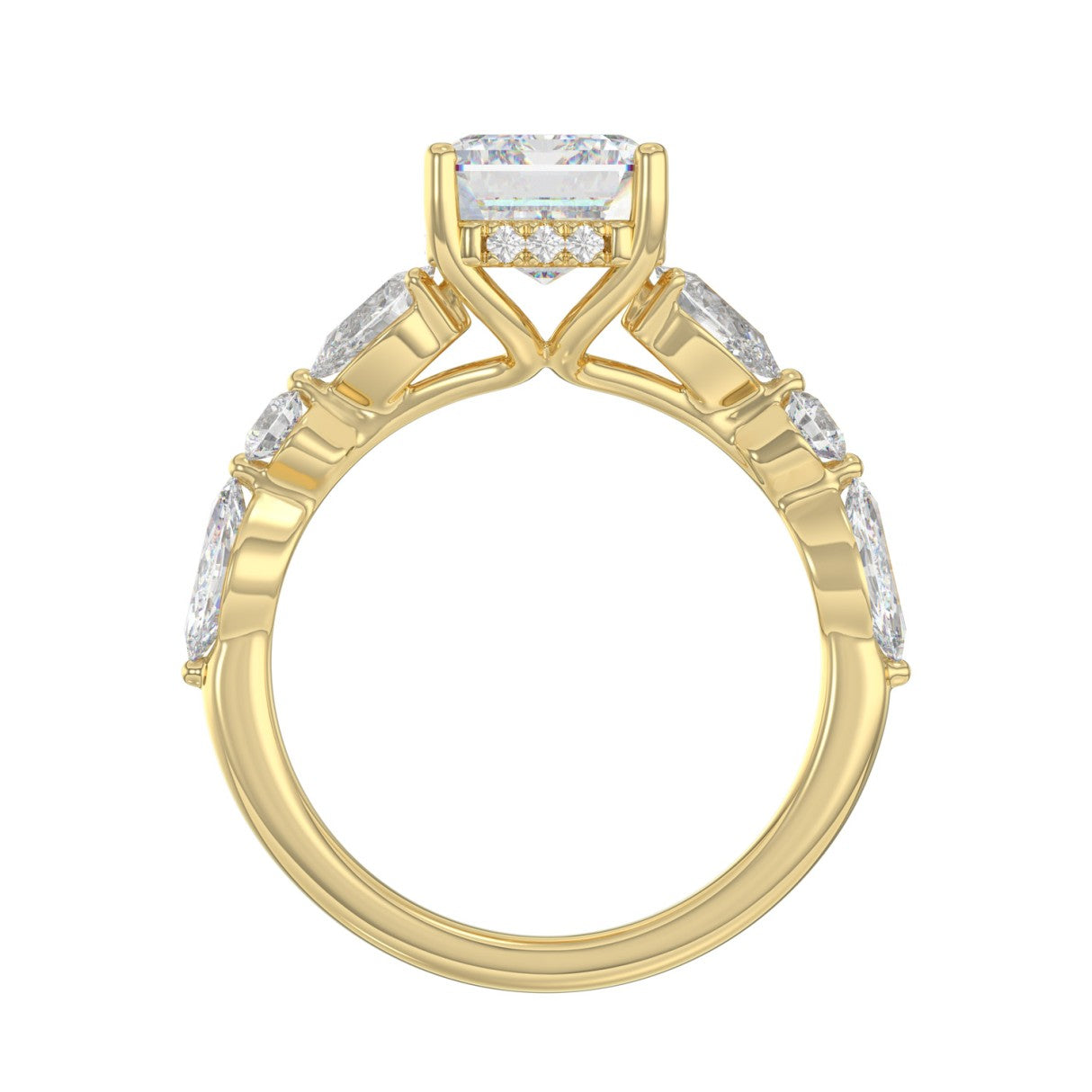 14K Yellow Gold Emerald Cut Diamond Classic Bridal Ring for Ladies 4.00CT with Pear Round &amp; Marquise Diamond 3.00CT Emerald Center stone (Color F-