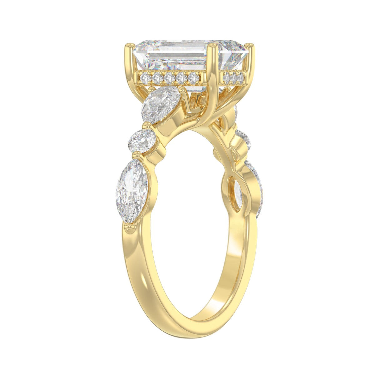 14K Yellow Gold Emerald Cut Diamond Classic Bridal Ring for Ladies 4.00CT with Pear Round &amp; Marquise Diamond 3.00CT Emerald Center stone (Color F-