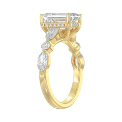 14K Yellow Gold Emerald Cut Diamond Classic Bridal Ring for Ladies 4.00CT with Pear Round &amp; Marquise Diamond 3.00CT Emerald Center stone (Color F-