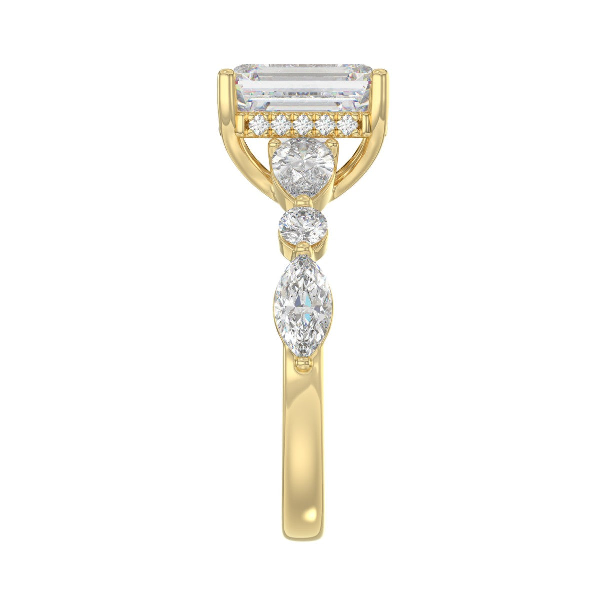 14K Yellow Gold Emerald Cut Diamond Classic Bridal Ring for Ladies 4.00CT with Pear Round &amp; Marquise Diamond 3.00CT Emerald Center stone (Color F-
