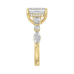 14K Yellow Gold Emerald Cut Diamond Classic Bridal Ring for Ladies 4.00CT with Pear Round &amp; Marquise Diamond 3.00CT Emerald Center stone (Color F-G -Clarity VS1/VS2)