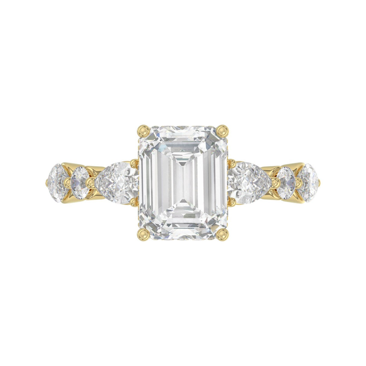14K Yellow Gold Emerald Cut Diamond Classic Bridal Ring for Ladies 4.00CT with Pear Round &amp; Marquise Diamond 3.00CT Emerald Center stone (Color F-