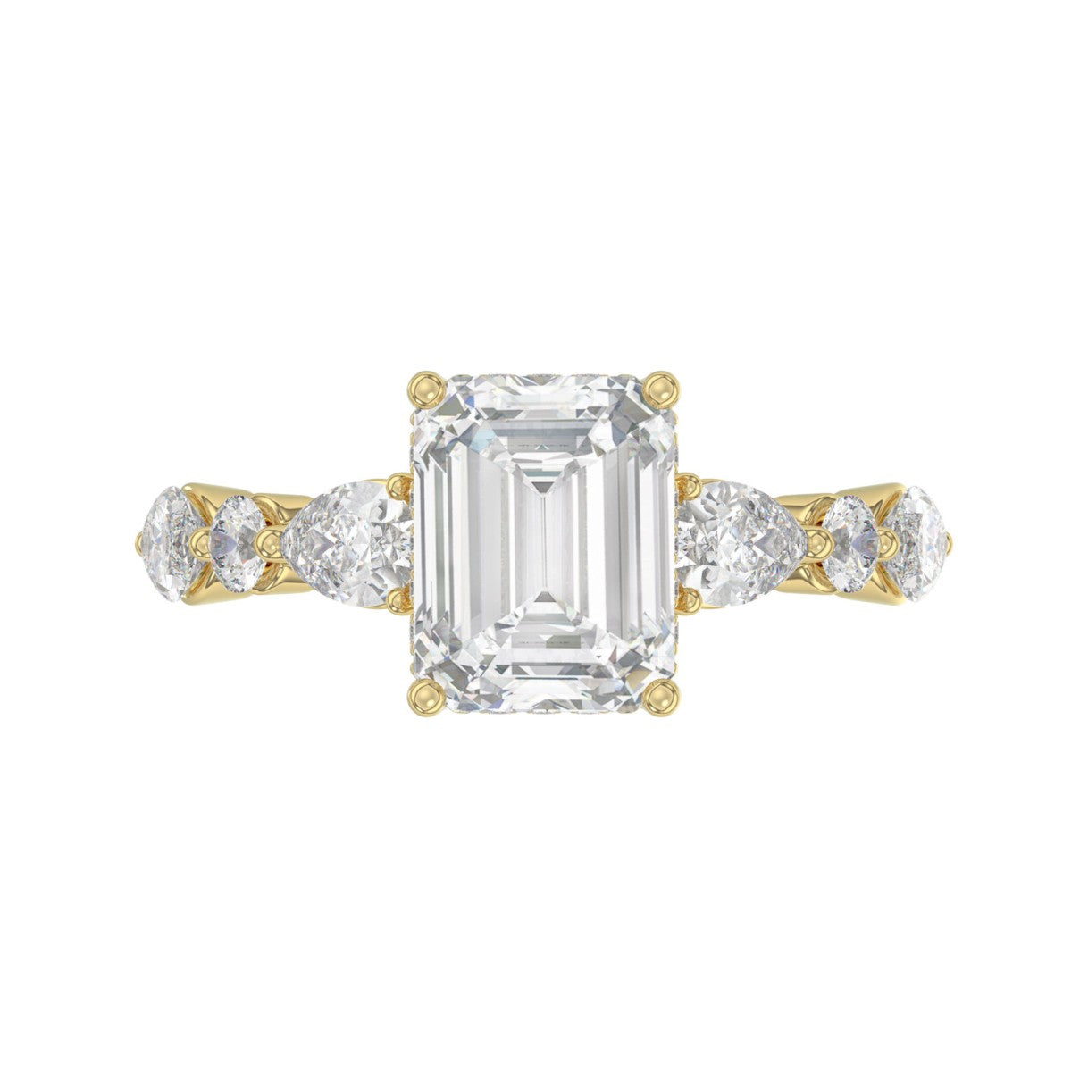 14K Yellow Gold Emerald Cut Diamond Classic Bridal Ring for Ladies 4.00CT with Pear Round &amp; Marquise Diamond 3.00CT Emerald Center stone (Color F-G -Clarity VS1/VS2)