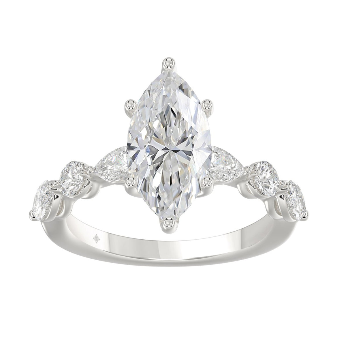 14K White Gold  Bridal Fashion Ring for Ladies 4CT Round &amp; Marquise&amp; Pear Cut Diamonds 3.00CT Marquise Center stone (Color F-G -Clarity VS1/VS