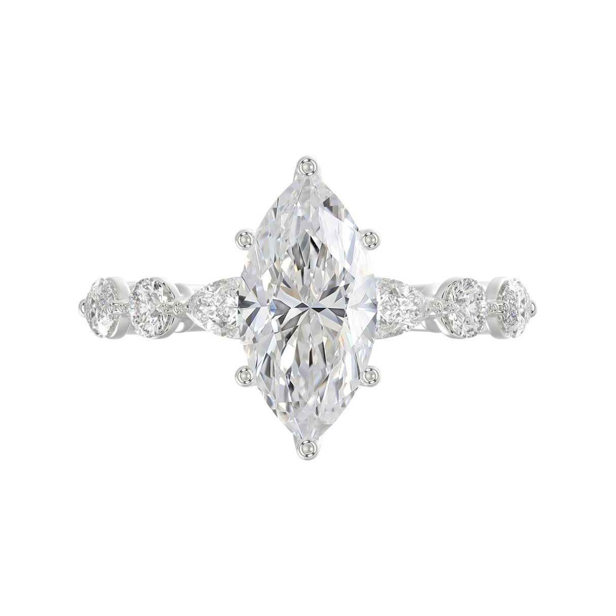 14K White Gold  Bridal Fashion Ring for Ladies 4CT Round &amp; Marquise&amp; Pear Cut Diamonds 3.00CT Marquise Center stone (Color F-G -Clarity VS1/VS