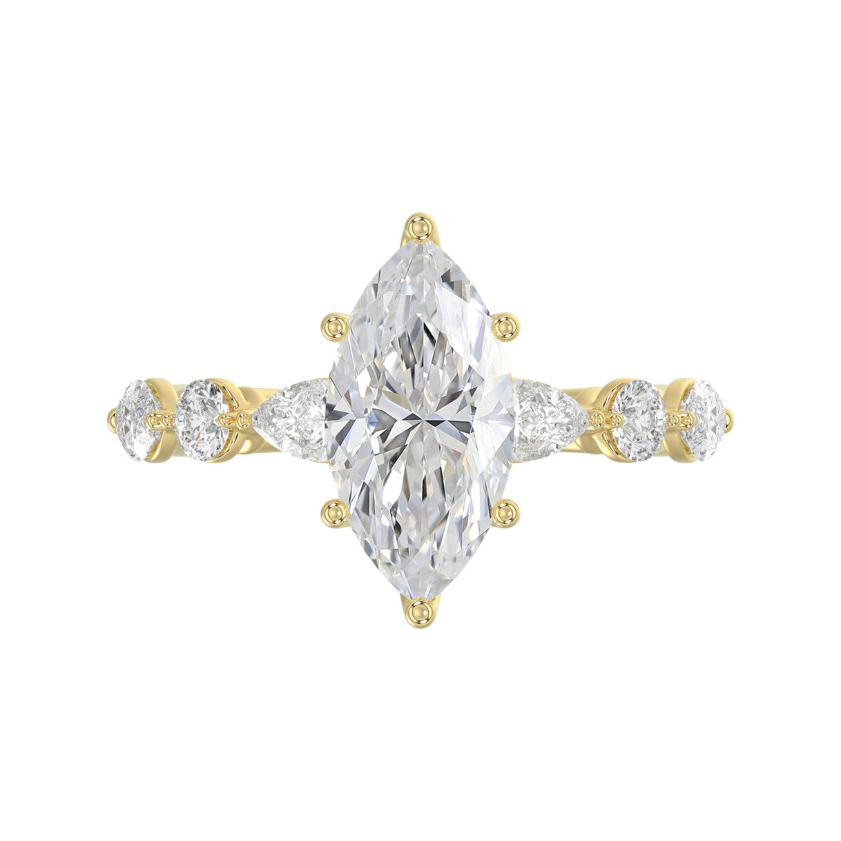14K Yellow Gold  Bridal Fashion Ring for Ladies 4CT Round &amp; Marquise&amp; Pear Cut Diamonds 3.00CT Marquise Center stone (Color F-G -Clarity VS1/VS2)