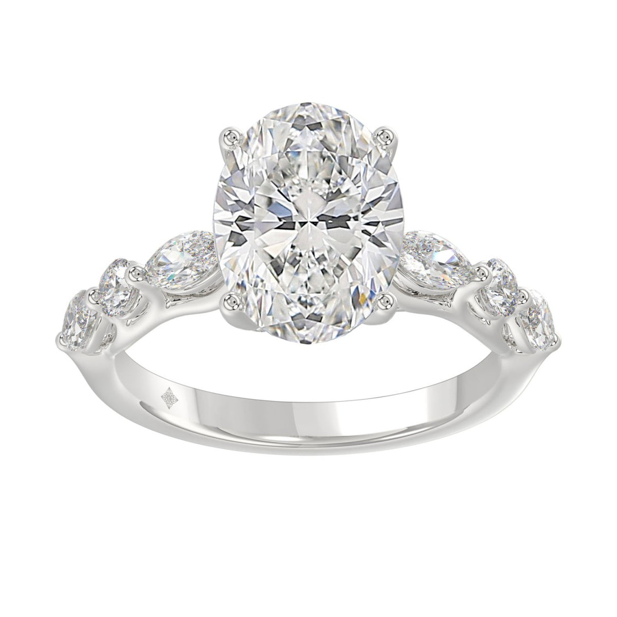 Elegant 14K White Gold  Bridal Fancy Ring for Ladies 3 3/4CT Round &amp; Marquise&amp; Oval Cut Diamonds 3.00CT Center stone (Color F-G -Clarity VS1/V