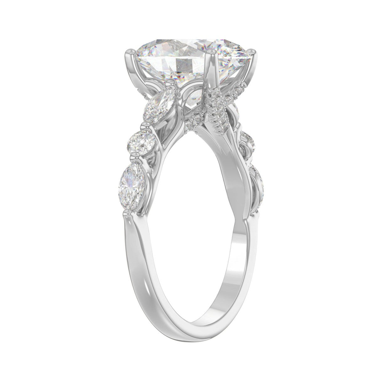 Elegant 14K White Gold  Bridal Fancy Ring for Ladies 3 3/4CT Round &amp; Marquise&amp; Oval Cut Diamonds 3.00CT Center stone (Color F-G -Clarity VS1/VS2)