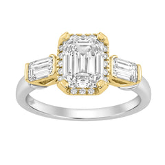 14K White/Yellow Gold 2 3/4Ct Round & Emerald Cut Lab-Grown Diamond Three-Stone Ladies Engagement Bridal Ring 2Ct Emerald Center Stone (Color F-G -Clarity Vs1/Vs2)