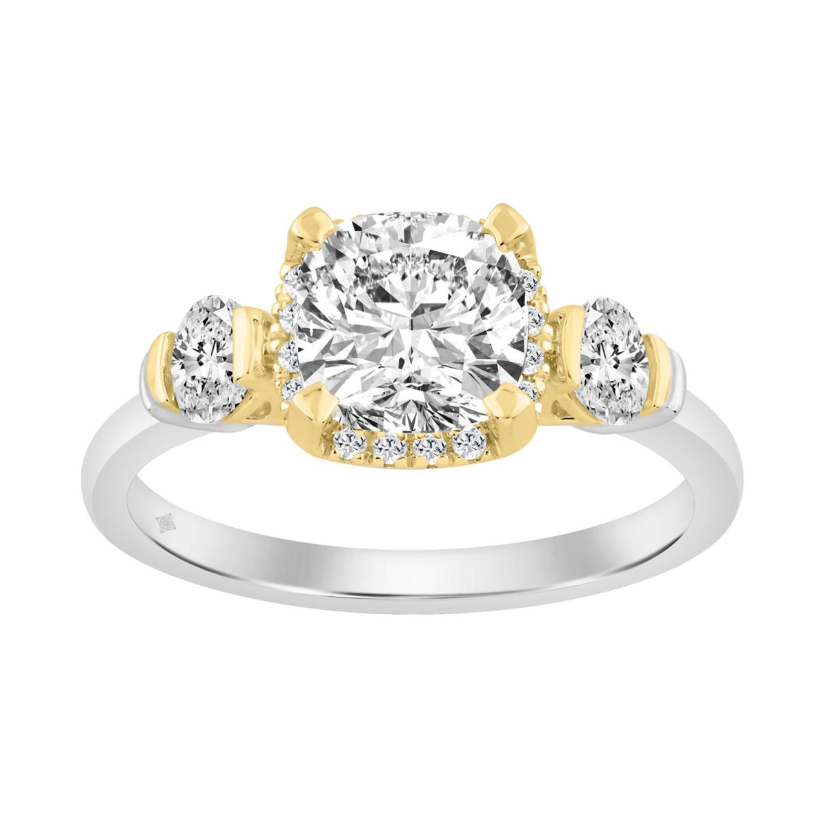 2 1/2 Ct Cushion Cut Lab-Grown Diamond Ladies Engagement Ring In 14K White/Yellow Gold Three-Stone With Round Side Stone & Oval 2Ct Cushion Center Stone (Color F-G -Clarity Vs1/Vs2)