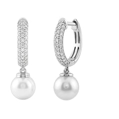 Freshwater Pearl Drop Hoop Ladies Earrings With 1/3Ct Round Diamond Accents In 10K White Gold
