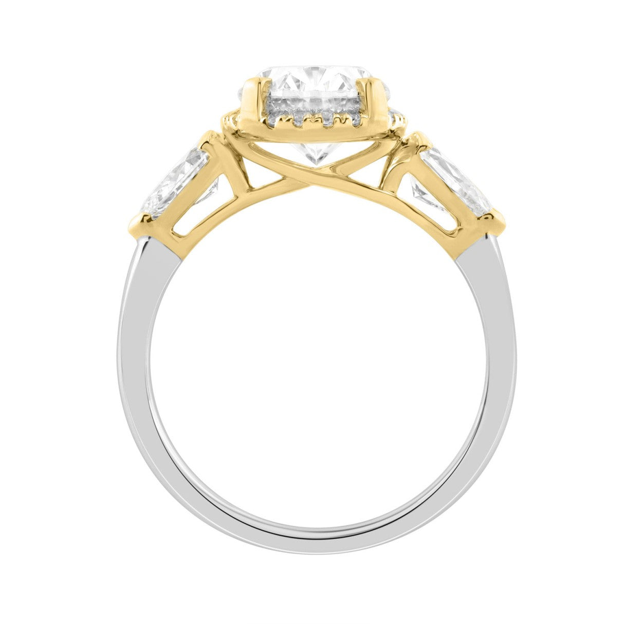 2 3/4Ct Oval Center Stone Round Diamond Three-Stone Ladies Bridal Ring With Pear Side Stones In 14K White/Yellow Gold (Color F-G -Clarity Vs1/Vs2)