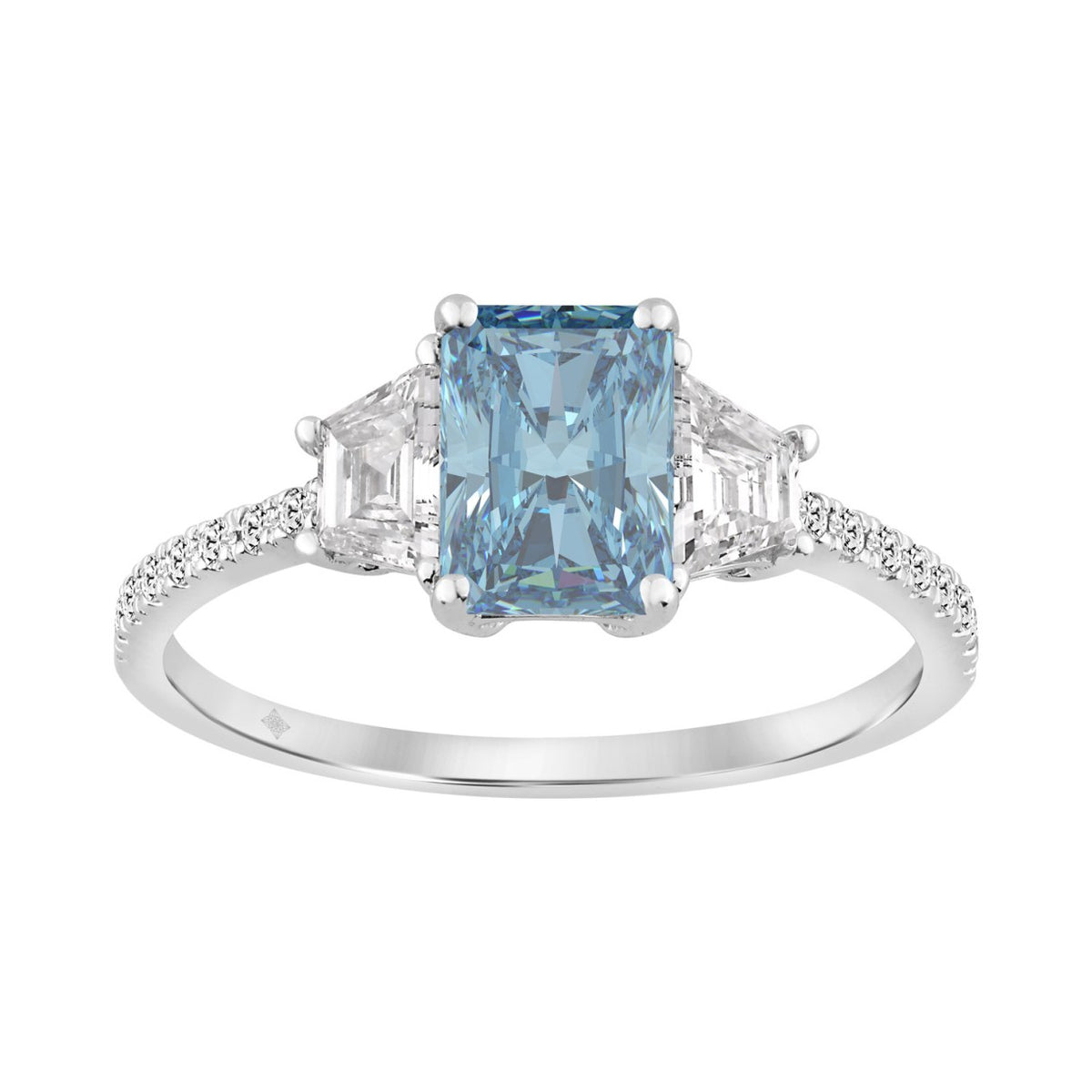 14K White Gold  1 1/2CT Trapezoid/Round/Radiant Cut Blue Diamond Three-Stone Engagement  Ladies Ring 1.00CT Radiant Center stone (Color F-G -Clarity VS1/VS2)