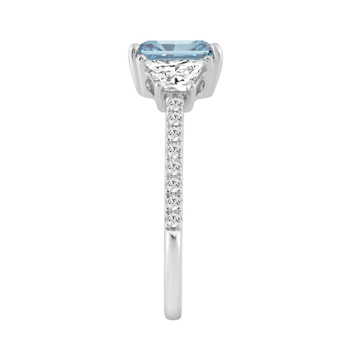14K White Gold  1 1/2CT Trapezoid/Round/Radiant Cut Blue Diamond Three-Stone Engagement  Ladies Ring 1.00CT Radiant Center stone (Color F-G -Clarity VS1/VS2)