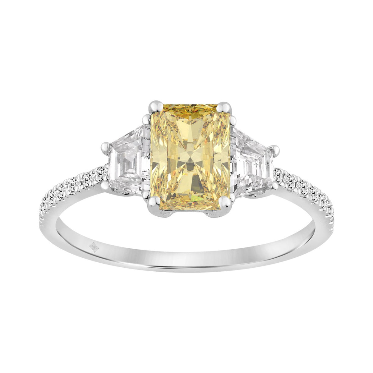 1 1/2CT Elegance Ring 14k Round/Radiant/Trapezoid Diamond White Gold 1.00CT Yellow Radiant Center stone (Color F-G -Clarity VS1/VS2)