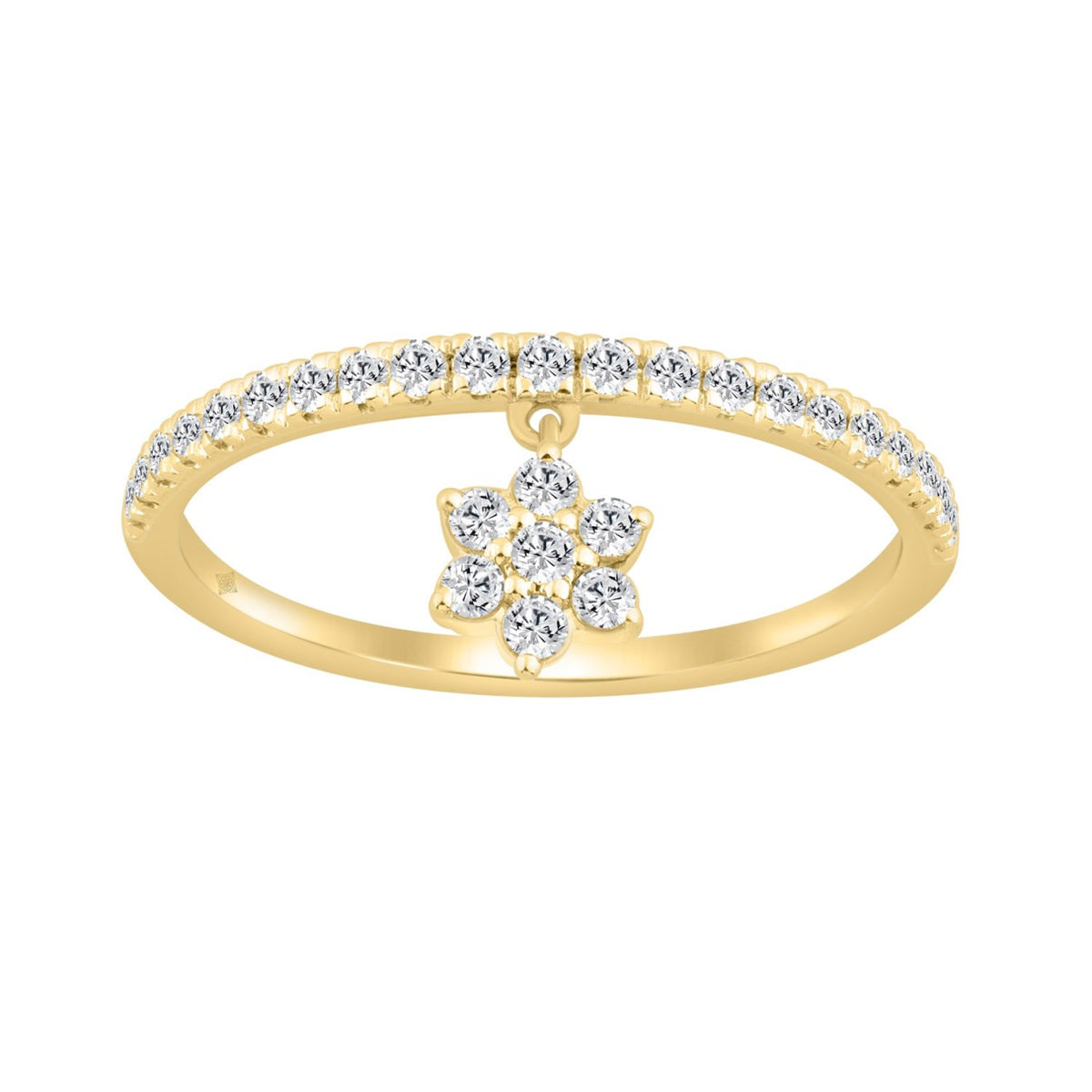 Elegant 10K Yellow Gold 1/4Ct Ladies Ring With Round Diamond Accents And Dangling Flower Charm