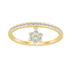 Elegant 10K Yellow Gold 1/4Ct Ladies Ring With Round Diamond Accents And Dangling Flower Charm