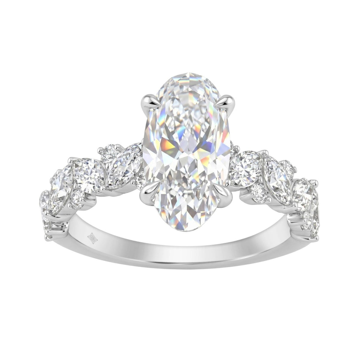 14K White Gold 3.00Ct Diamond Engagement Ring For Women 2.00Ct Elongated Oval Center Stone With Marquise & Round Side Stones, Luxury Bridal Ring (Colo