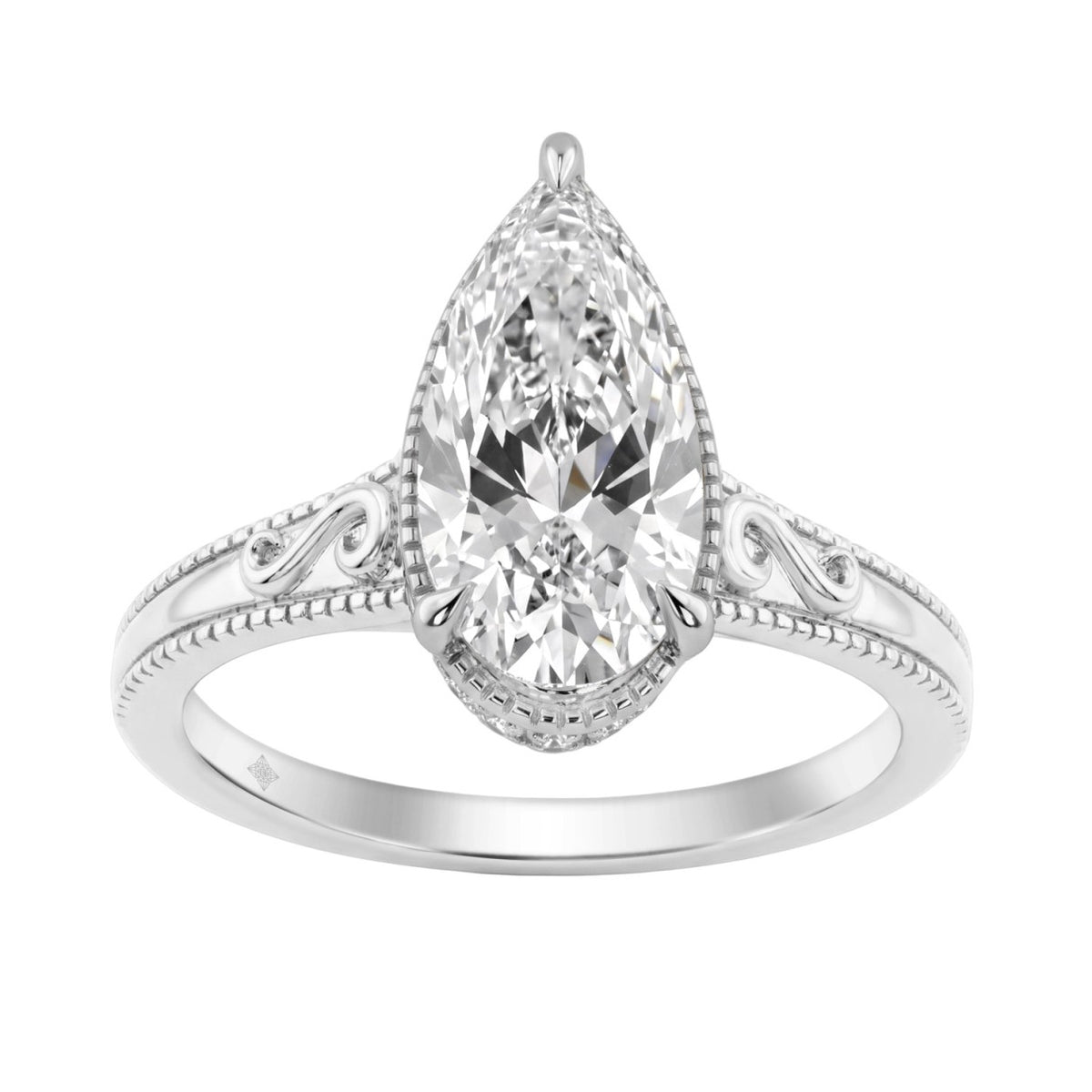 LADIES 14K White Gold 2 1/6Ct Diamond Engagement Ring Elongated Pear Cut Center With Round Side Stones, Elegant Fine Ring 2Ct Pear Center Stone (Color