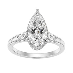 LADIES 14K White Gold 2 1/6Ct Diamond Engagement Ring Elongated Pear Cut Center With Round Side Stones, Elegant Fine Ring 2Ct Pear Center Stone (Color