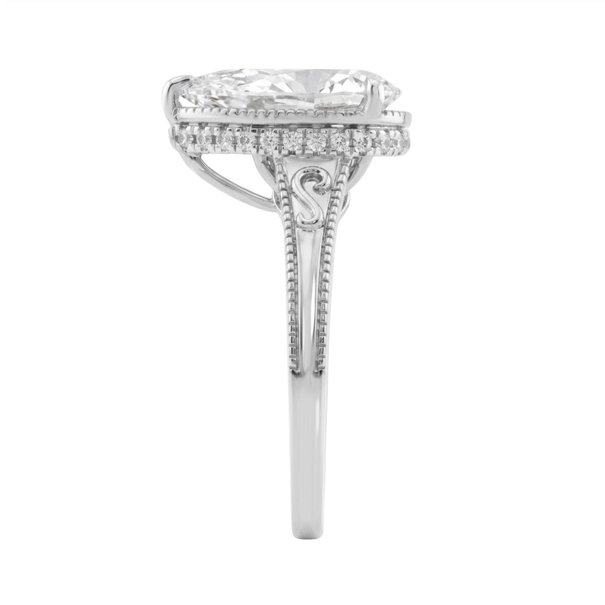 LADIES 14K White Gold 2 1/6Ct Diamond Engagement Ring Elongated Pear Cut Center With Round Side Stones, Elegant Fine Ring 2Ct Pear Center Stone (Color