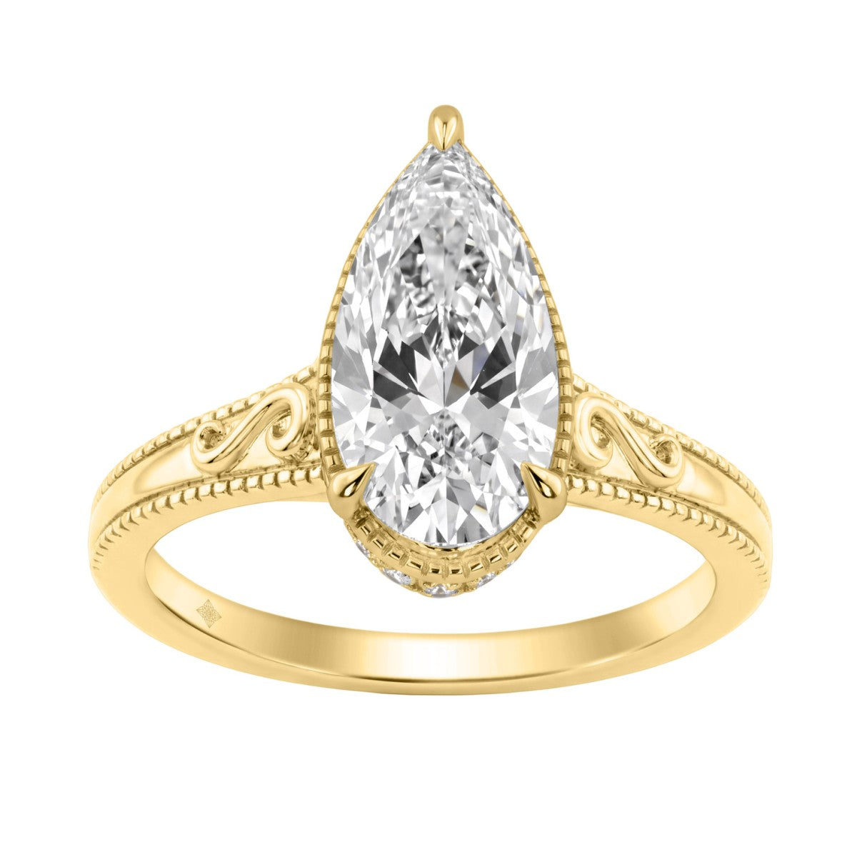 Luxury 14K Yellow Gold 2 1/6Ct Elongated Pear-Shaped Diamond Hidden Halo Ladies Engagement Ring With Round Diamonds 2Ct Pear Center Stone (Color F-G -Clarity Vs1/Vs2)