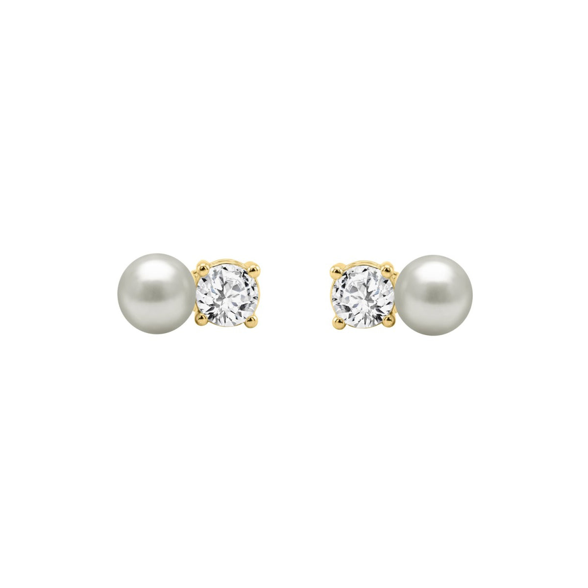 LADIES FASHION  EARRINGS 1/4CT ROUND DIAMOND & PEARL 10K YELLOW GOLD  (COLOR F-G  CLARITY VS1/VS2)