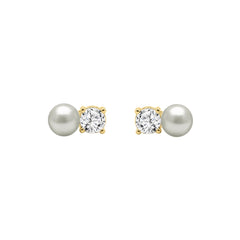 LADIES FASHION  EARRINGS 1/4CT ROUND DIAMOND & PEARL 10K YELLOW GOLD  (COLOR F-G  CLARITY VS1/VS2)