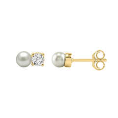 LADIES FASHION  EARRINGS 1/4CT ROUND DIAMOND & PEARL 10K YELLOW GOLD  (COLOR F-G  CLARITY VS1/VS2)