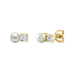 LADIES FASHION  EARRINGS 1/4CT ROUND DIAMOND & PEARL 10K YELLOW GOLD  (COLOR F-G  CLARITY VS1/VS2)