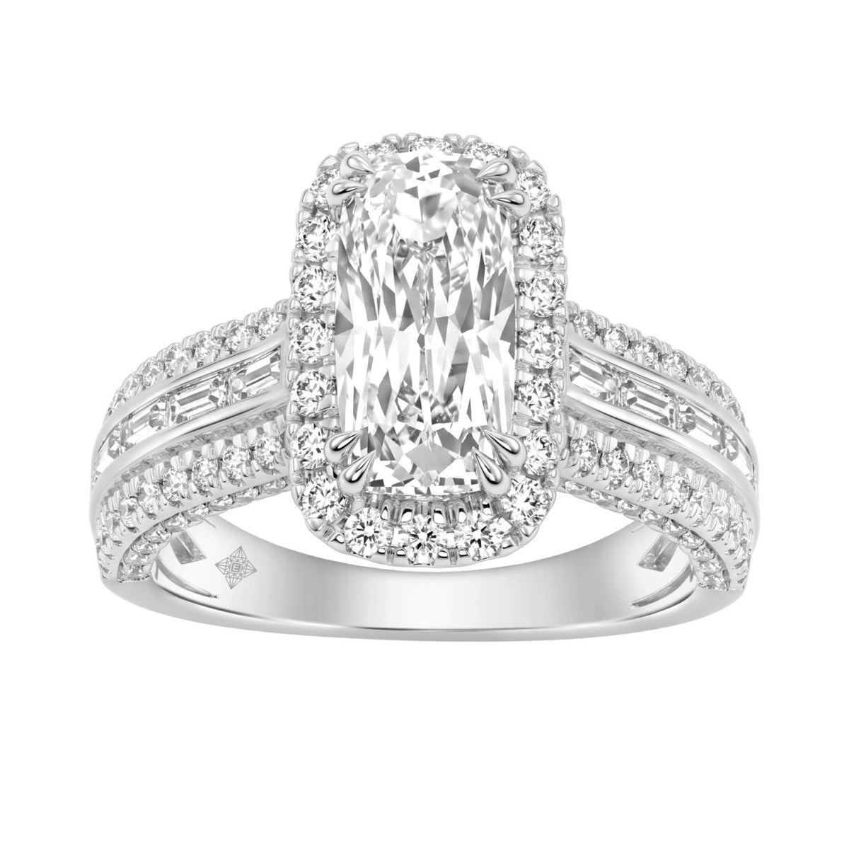 14K White Gold 3.00 Ct Diamond Halo Engagement Ring For Women Elongated 2Ct Cushion Cut Center Stone With Round & Baguette Side Stones, Luxury Bridal