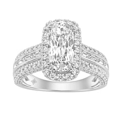 14K White Gold 3.00 Ct Diamond Halo Engagement Ring For Women Elongated 2Ct Cushion Cut Center Stone With Round & Baguette Side Stones, Luxury Bridal